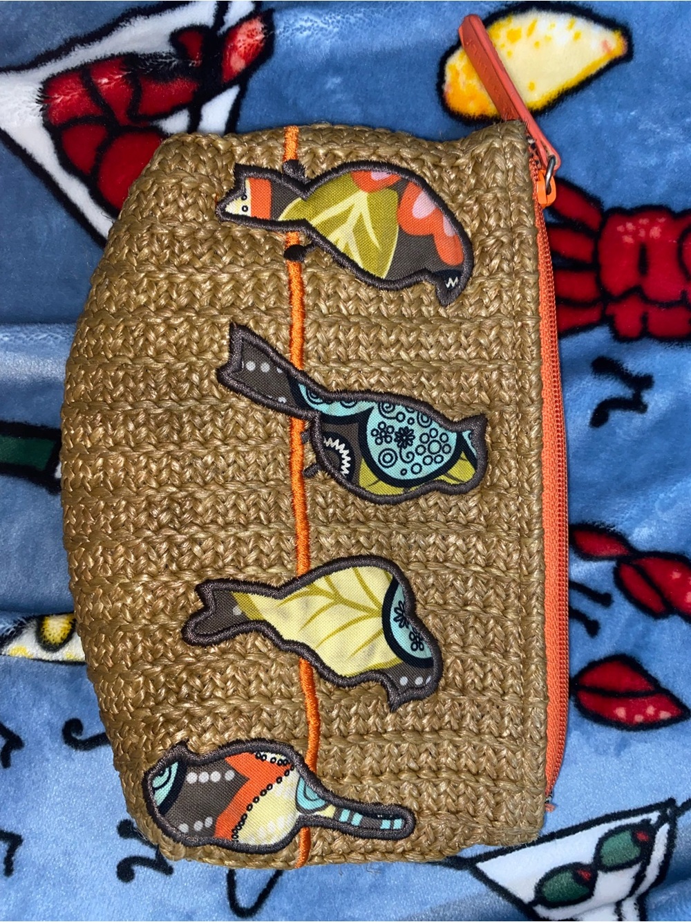 Vera Bradley Straw-style Bird Cosmetics Pouch in Orange and Tan